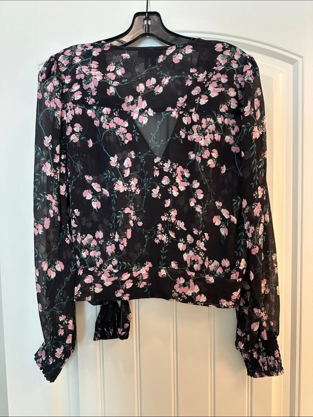 PAIGE Black Sheer Wrap Blouse with Pink Floral Print - Picture 3 of 3